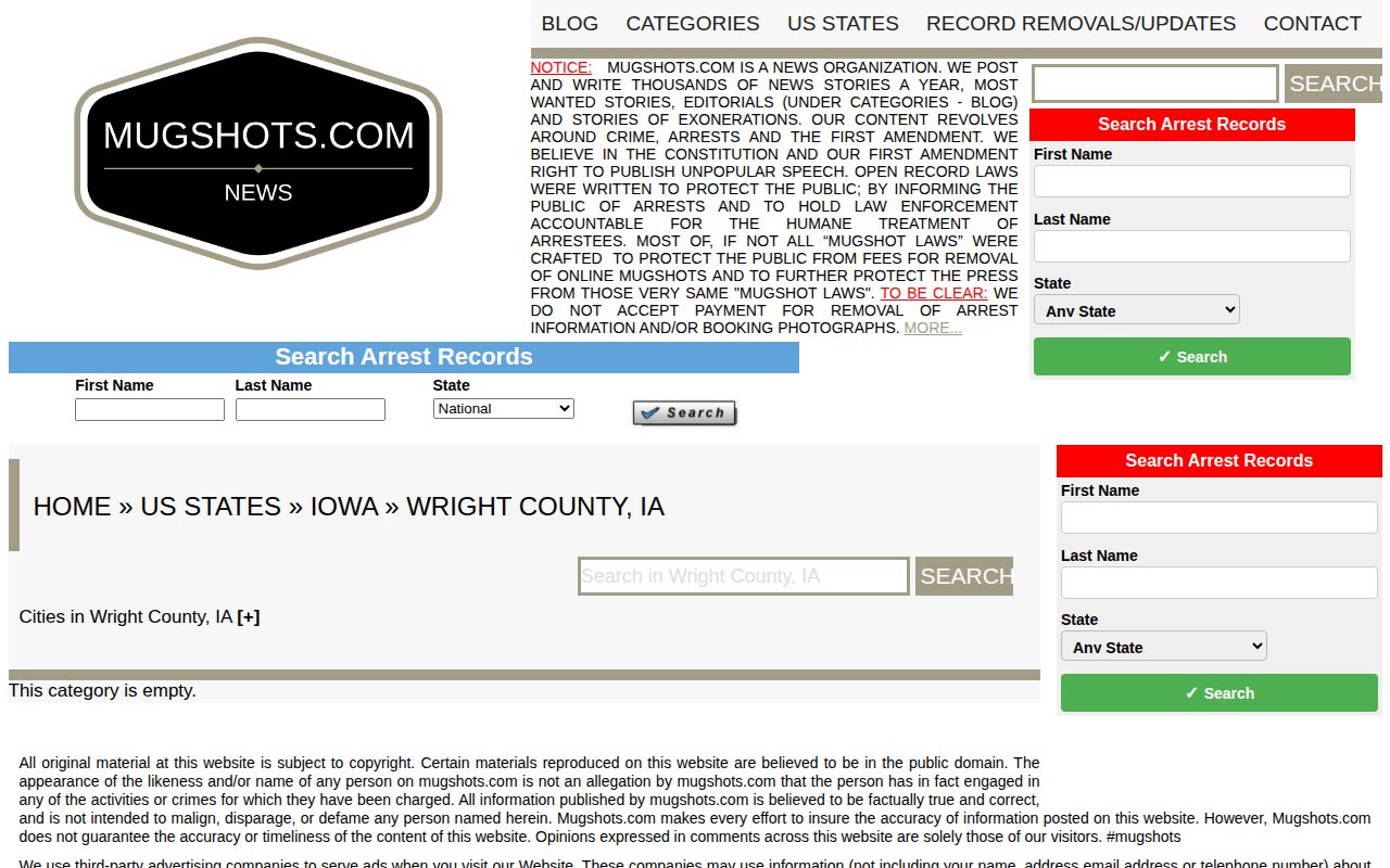 Unofficial Wright County Iowa mugshot index with no local records