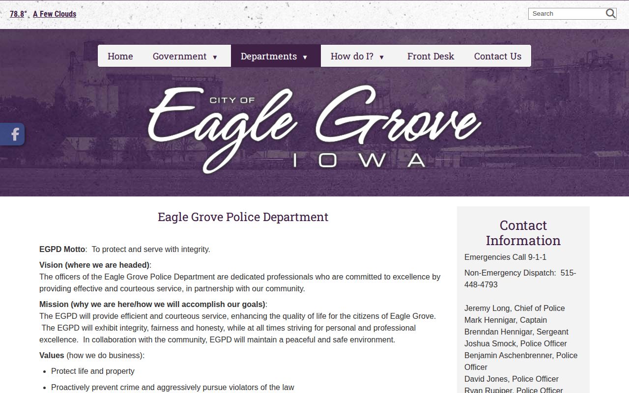 Eagle Grove Police official arrest record contact page in Wright County